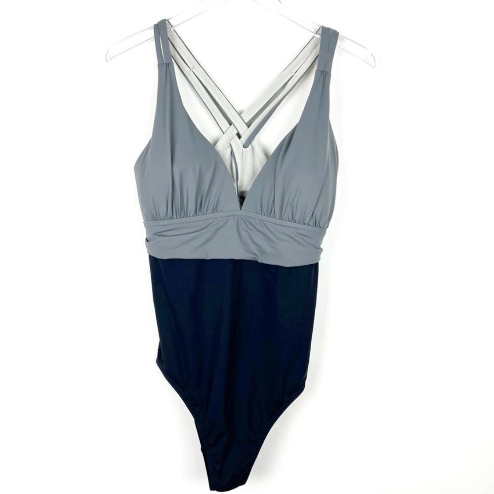 NWT Echo for Talbots Swimsuit Women's 10 Black Grey Color-Block Slimming UPF 50+
